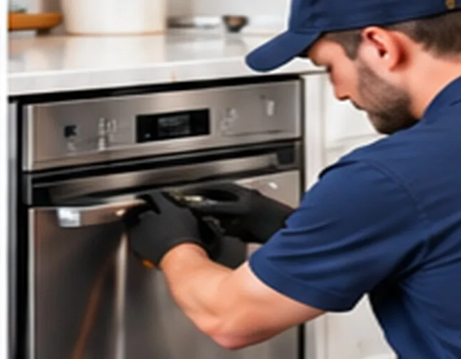 Home appliance repair technician at work